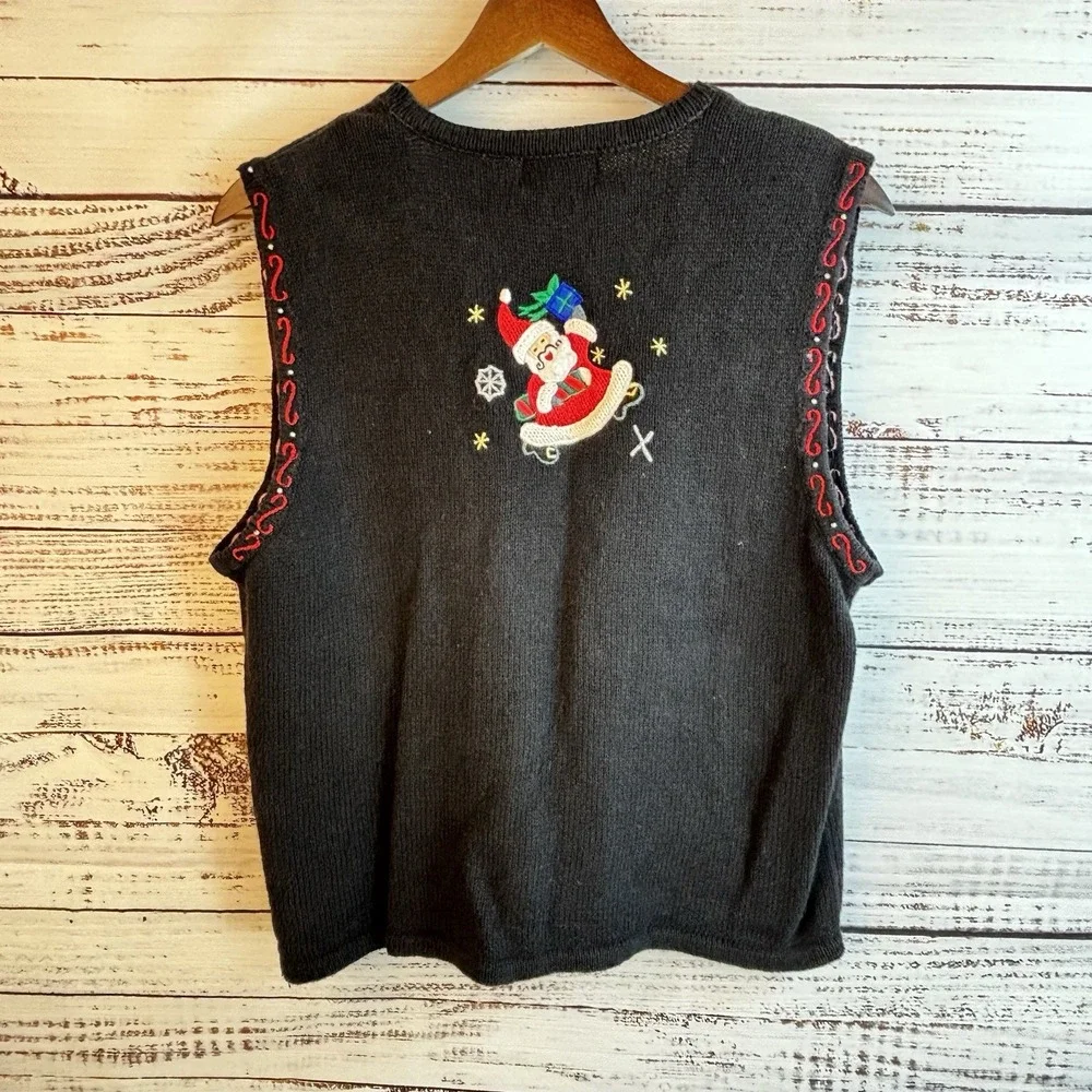 Vintage Christmas Sweater Vest Black M 3D Santas Beaded Embroidered Kitsch
